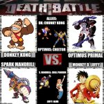 Battle of the Monkeys | ALLIES:

DK: CHUNKY KONG
 
 
 
 
 
OPTIMUS: CHEETOR; DONKEY KONG; OPTIMUS PRIMAL; SPARK MANDRILL; MONKEY D. LUFFY; S. MANDRILL: CHILL PENGUIN
 
 
 
 
 
 
 
 
 LUFFY: NAMI | image tagged in death battle of four,transformers,megaman x,super mario bros,one piece,donkey kong | made w/ Imgflip meme maker