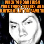 No but fr | WHEN YOU CAN FLUSH YOUR TEARS, TISSUES, AND GOLDFISH ALL AT THE SAME TIME | image tagged in goldfish,goodbye,old,friend | made w/ Imgflip meme maker
