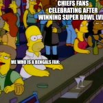 Homer Simpsons in bar | CHIEFS FANS CELEBRATING AFTER WINNING SUPER BOWL LVIII:; ME WHO IS A BENGALS FAN: | image tagged in homer simpsons in bar,nfl | made w/ Imgflip meme maker