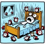 stick figure in bed surrounded by 15 alarm clock