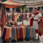 roman man selling cloaks under watch of the emperor