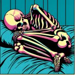 esqueleto triste em posição fetal numa cama