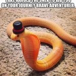 Have a good day | THE ROAD AHEAD IS TOUGH, TAKE HAROLD THE SNEK TO AID YOU ON YOUR JOURNEY BRAVE ADVENTURER. | image tagged in dapper snek | made w/ Imgflip meme maker