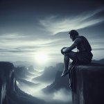 Jesus having depression. sitting on cliff. looking outwards