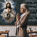 female old teacher praying to jesus in a classrom meme