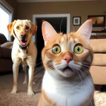 Surprised cat looking at dog