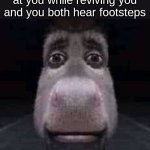 Donkey staring | Your teammate looking at you while reviving you and you both hear footsteps | image tagged in donkey staring,memes,funny,teammate,meme,donkey | made w/ Imgflip meme maker