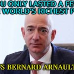 Now It's Bernard Arnault Again | TFW YOU ONLY LASTED A FEW DAYS
AS THE WORLD'S RICHEST PERSON; NOW IT'S BERNARD ARNAULT AGAIN | image tagged in sad bezos,amazon,jeff bezos,bezos,because capitalism,billionaire | made w/ Imgflip meme maker