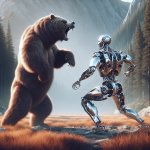 a bear and a robot fighting