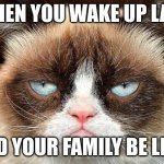 true | WHEN YOU WAKE UP LATE; AND YOUR FAMILY BE LIKE: | image tagged in grumpy cat glare | made w/ Imgflip meme maker