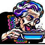 old woman leaning over with a serving dish while licking her lip