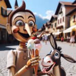 Pinocchio eating an ice cream cone with a donkey.