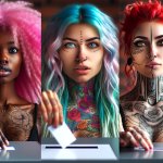 Wild-eyed women with colored hair, tattoos, and nose rings with