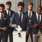 Men wearing suits with ballot box.