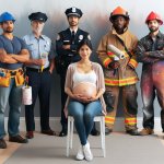 Pregnant woman surrounded by male police officer, fire fighter, template