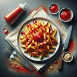 Fried potatoes in a plate with ketchup dressing over them.