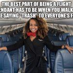 New career inspiration | THE BEST PART OF BEING A FLIGHT ATTENDANT HAS TO BE WHEN YOU WALK THE AISLE SAYING "TRASH" TO EVERYONE'S FACE. | image tagged in flight attendant,trash,burn,people,true | made w/ Imgflip meme maker