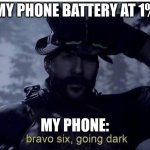 FR tryna make memes | MY PHONE BATTERY AT 1%; MY PHONE: | image tagged in bravo six going dark | made w/ Imgflip meme maker