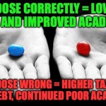 ISD Election | CHOOSE CORRECTLY = LOWER TAXES AND IMPROVED ACADEMICS; CHOOSE WRONG = HIGHER TAXES, MORE DEBT, CONTINUED POOR ACADEMICS | image tagged in red pills blue pills | made w/ Imgflip meme maker