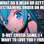 miku stalker | W-WHAT DO U MEAN UR GETTING A RESTRAINING ORDER ON ME-!! B-BUT CRUSH-SAMA, I-I JUST WANT TO LOVE YOU F-FOREVER | image tagged in anime cute girl | made w/ Imgflip meme maker