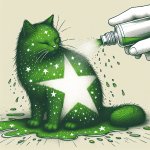 green cat with a star getting hit with a water bottle