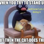 MY DINNERS GETTING COLD ITS BEEN HALF AN HOUR PLEASE I MEED MY LAP BACK | WHEN YOU TRY TO STAND UP; BUT THEN THE CAT DOES THIS | image tagged in well now i am not doing it,cats,funny,memes,cute,stop reading the tags | made w/ Imgflip meme maker