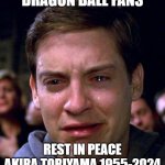 crying peter parker | DRAGON BALL FANS; REST IN PEACE AKIRA TORIYAMA 1955-2024 | image tagged in crying peter parker | made w/ Imgflip meme maker