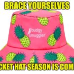 Not long now | BRACE YOURSELVES; BUCKET HAT SEASON IS COMING | image tagged in bucket hat,memes,summer | made w/ Imgflip meme maker