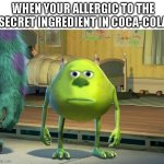 When your allergic to the secret ingredient in coke | WHEN YOUR ALLERGIC TO THE SECRET INGREDIENT IN COCA-COLA | image tagged in mike wazowski bruh,coke,coca cola,memes,funny memes,monsters inc | made w/ Imgflip meme maker