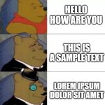 Which one do you use? | HELLO HOW ARE YOU; THIS IS A SAMPLE TEXT; LOREM IPSUM DOLOR SIT AMET | image tagged in fancy pooh,fun,memes,school | made w/ Imgflip meme maker
