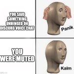 they didnt hear... | YOU SAID SOMETHING UNHINGED ON DISCORD VOICE CHAT; YOU WERE MUTED | image tagged in panik kalm,memes,discord,mute,lol,relief | made w/ Imgflip meme maker