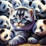 cute kitten playing with pandas