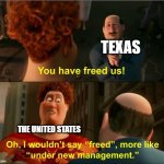 What happened in Texas? | TEXAS; THE UNITED STATES | image tagged in under new management,memes,funny | made w/ Imgflip meme maker