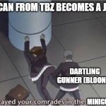 Minigun alliance (Vulcan TBZ, Minigunner TDS, Bloons Dartling Gunner) | WHEN VULCAN FROM TBZ BECOMES A JOKE ENEMY; DARTLING GUNNER (BLOONS); MINIGUN ALLIANCE! | image tagged in you betrayed your comrades in the losers alliance | made w/ Imgflip meme maker