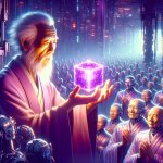 a wise old man holding a shining purple block while people worsh