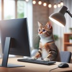 focused cat working at computer