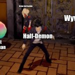 A DnD Party | Wyvern-Elf; Drow-Svirfneblin; Half-Demon; An Honest To God Human | image tagged in morgana the clown | made w/ Imgflip meme maker