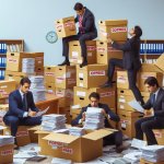 Men poring over official documents piled high in room