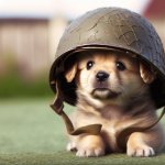 Puppy with ww2 German helmet on