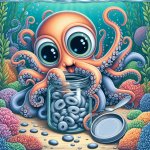 octopus with cartoon eyes opening a jar