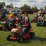 Clowns mowing lawn