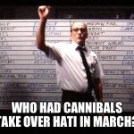 Cabin in the woods bets | WHO HAD CANNIBALS TAKE OVER HATI IN MARCH? | image tagged in cabin in the woods bets | made w/ Imgflip meme maker