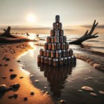 Beer can pyramid on the beach