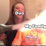 Duo lingo is wild | Duo; My Family | image tagged in girl punishes boy | made w/ Imgflip meme maker