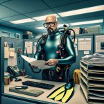 bald man with glasses and a goatee in a cubicle who is also gett