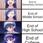 What life after school feels like | End of Elementary School; End of Middle School; End of High School; End of College | image tagged in distressed fumino,school,high school,middle school,college,elementary | made w/ Imgflip meme maker