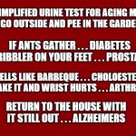 Dark Red Solid | SIMPLIFIED URINE TEST FOR AGING MEN:
GO OUTSIDE AND PEE IN THE GARDEN; IF ANTS GATHER . . . DIABETES
DRIBBLER ON YOUR FEET . . . PROSTATE; SMELLS LIKE BARBEQUE . . . CHOLOESTEROL
SHAKE IT AND WRIST HURTS . . . ARTHRITIS; RETURN TO THE HOUSE WITH IT STILL OUT . . . ALZHEIMERS | image tagged in dark red solid | made w/ Imgflip meme maker