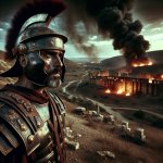tired roman centurion watching ancient city burn