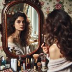 A woman staring at herself in the mirror, surrounded by cosmetic