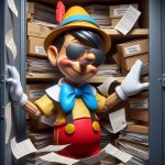 Pinocchio in sunglasses holding back boxes of loose documents